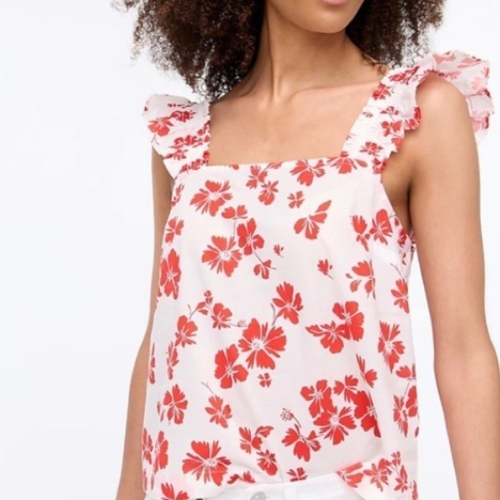 J. Crew Red And White Floral Ruffle Shoulder Sheer Blouse Size Large
